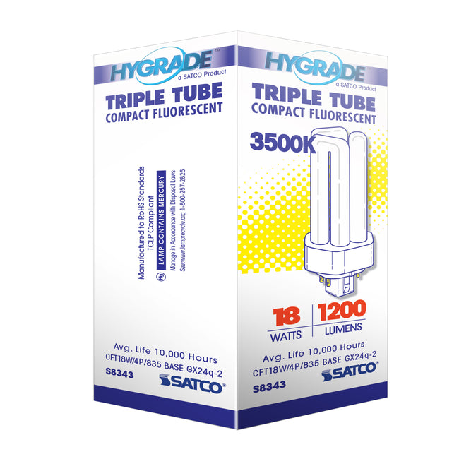Satco 18W T4 CFL Bulb, GX24q-2 Base, 3500K, 80+ CRI, Dimmable, White with White Glass, alternate view [Satco-S8343|CUSTOM|5]