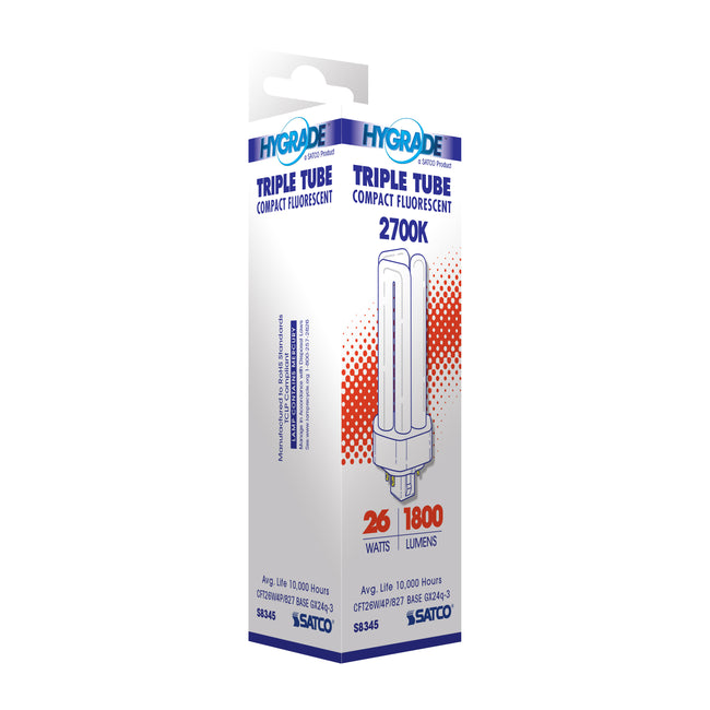 Satco 26W T4 CFL Bulb, GX24q-3 Base, 2700K, 80+ CRI, Dimmable, White with White Glass, alternate view [Satco-S8345|CUSTOM|4]