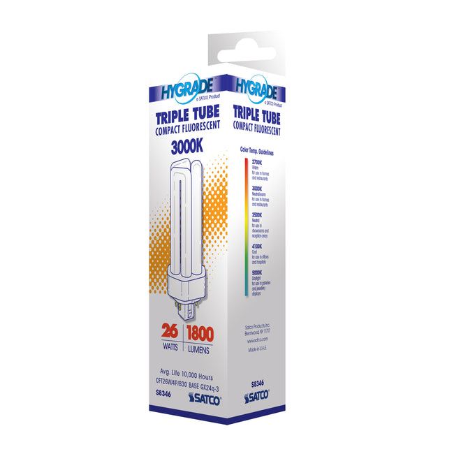 Satco 26W T4 CFL Bulb, GX24q-3 Base, 3000K, 80+ CRI, Dimmable, White with White Glass, alternate view [Satco-S8346|CUSTOM|3]