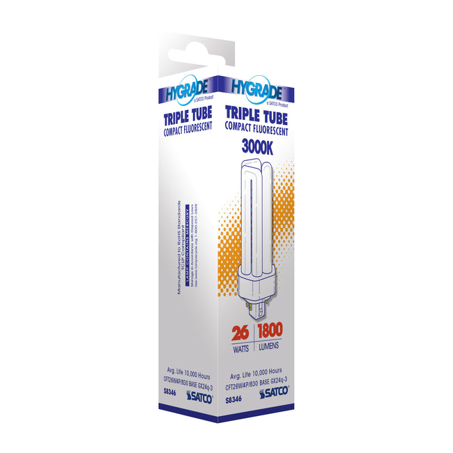 Satco 26W T4 CFL Bulb, GX24q-3 Base, 3000K, 80+ CRI, Dimmable, White with White Glass, alternate view [Satco-S8346|CUSTOM|4]