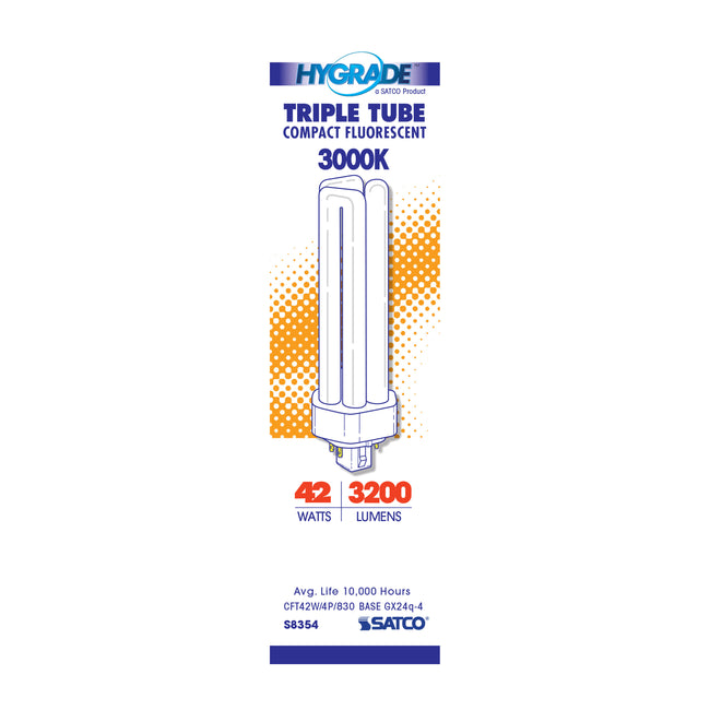 Satco 42W T4 CFL Bulb, GX24q-4 Base, 3000K, 80+ CRI, Dimmable, White with White Glass, alternate view [Satco-S8354|CUSTOM|1]