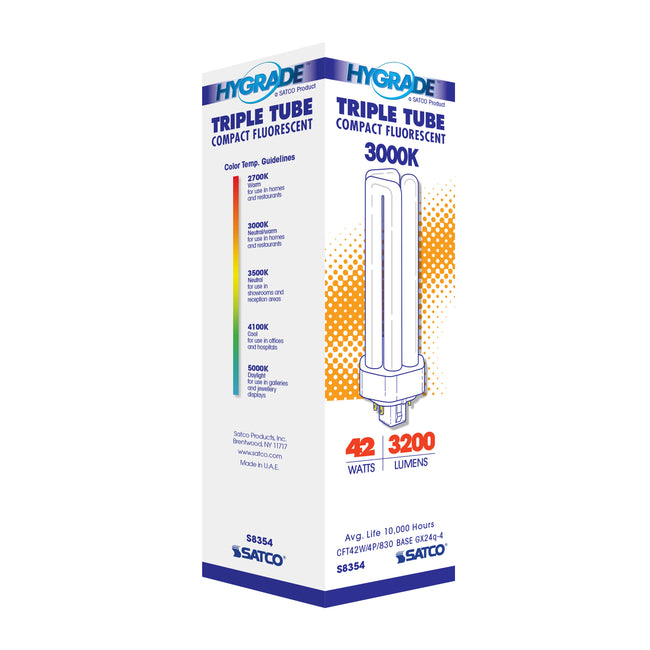 Satco 42W T4 CFL Bulb, GX24q-4 Base, 3000K, 80+ CRI, Dimmable, White with White Glass, alternate view [Satco-S8354|CUSTOM|4]
