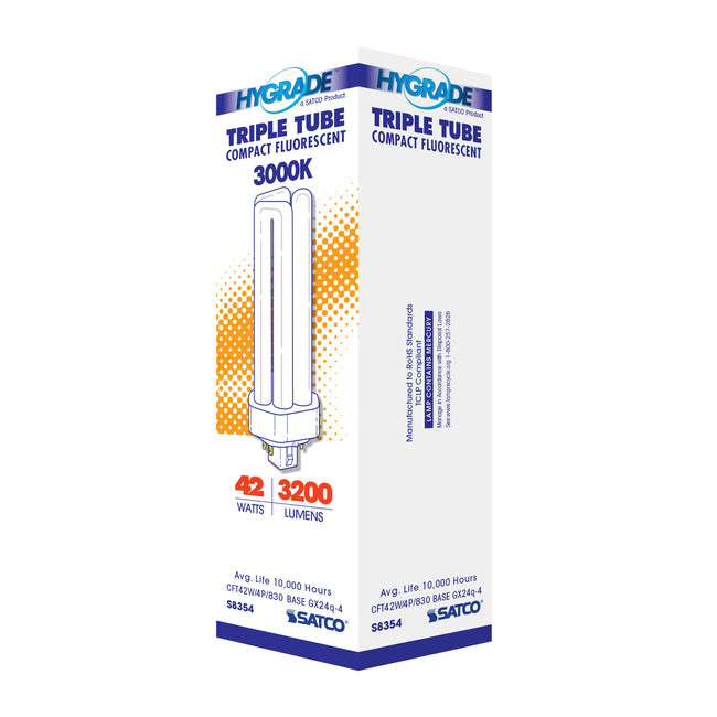 Satco 42W T4 CFL Bulb, GX24q-4 Base, 3000K, 80+ CRI, Dimmable, White with White Glass, alternate view [Satco-S8354|CUSTOM|5]