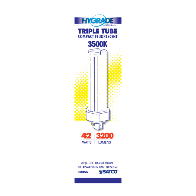 Satco 42W T4 CFL Bulb, GX24q-4 Base, 3500K, 80+ CRI, Dimmable, White with White Glass, alternate view [Satco-S8355|CUSTOM|1]