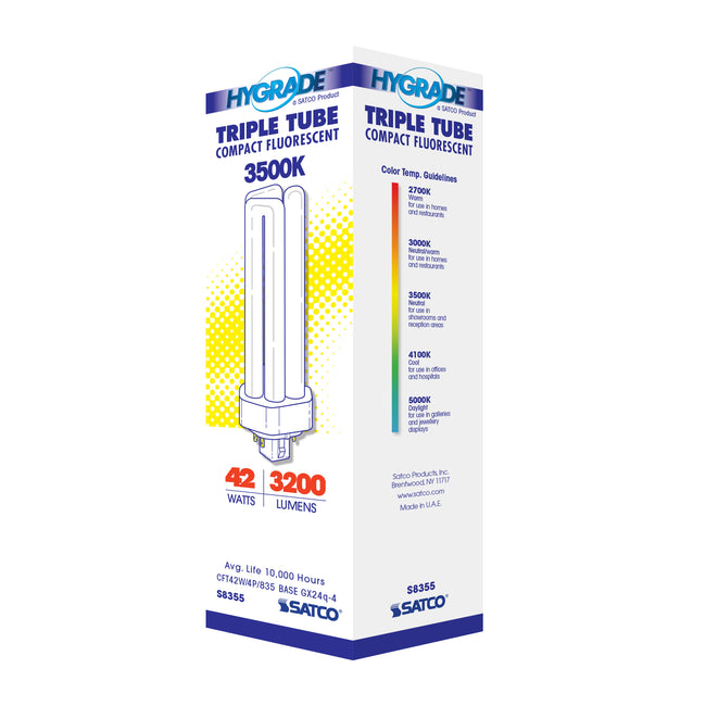 Satco 42W T4 CFL Bulb, GX24q-4 Base, 3500K, 80+ CRI, Dimmable, White with White Glass, alternate view [Satco-S8355|CUSTOM|4]
