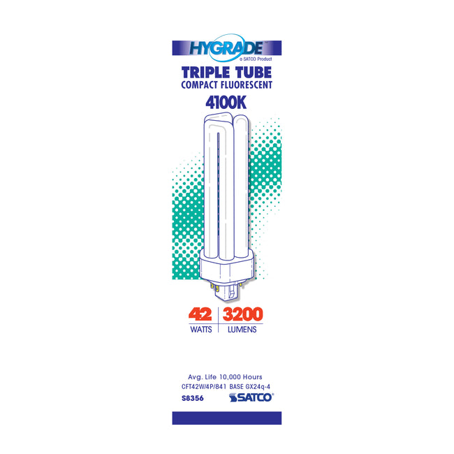 Satco 42W T4 CFL Bulb, GX24q-4 Base, 4100K, 80+ CRI, Dimmable, White with White Glass, alternate view [Satco-S8356|CUSTOM|1]