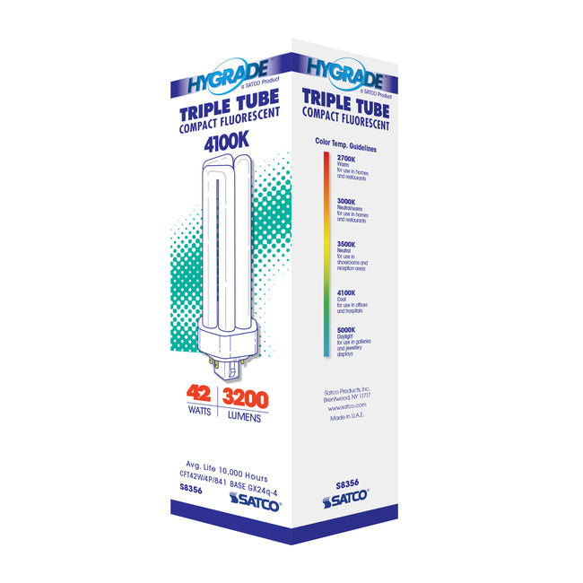 Satco 42W T4 CFL Bulb, GX24q-4 Base, 4100K, 80+ CRI, Dimmable, White with White Glass, alternate view [Satco-S8356|CUSTOM|4]