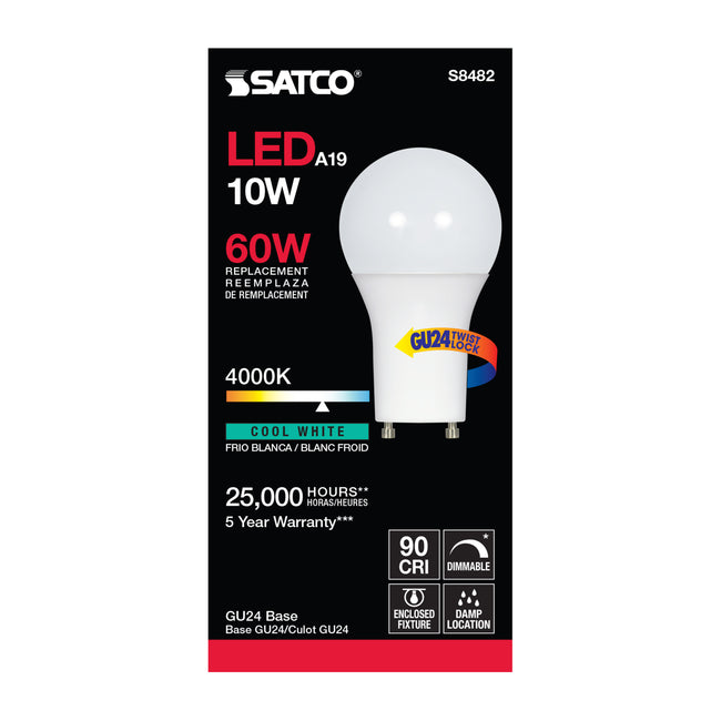 Satco 10W (60W Equivalent) A19 Standard LED Bulb, GU24 Base, 4000K, 90+ CRI, Dimmable, Damp Rated, Frost with Frost Glass, alternate view [Satco-S8482|CUSTOM|2]