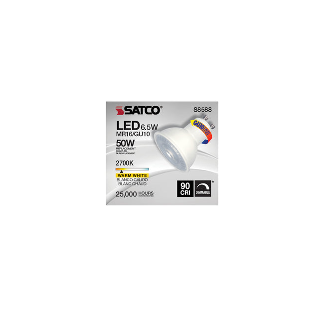 Satco 6.5W (50W Equivalent) MR16 Reflector LED Bulb, GU10 Base, 2700K, 90+ CRI, 40° Beam, Dimmable, Damp Rated, White with Array Glass, alternate view [Satco-S8588|CUSTOM|5]