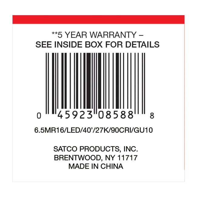 Satco 6.5W (50W Equivalent) MR16 Reflector LED Bulb, GU10 Base, 2700K, 90+ CRI, 40° Beam, Dimmable, Damp Rated, White with Array Glass, alternate view [Satco-S8588|CUSTOM|6]