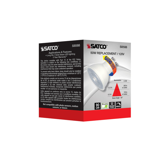 Satco 6.5W (50W Equivalent) MR16 Reflector LED Bulb, GU10 Base, 2700K, 90+ CRI, 40° Beam, Dimmable, Damp Rated, White with Array Glass, alternate view [Satco-S8588|CUSTOM|7]