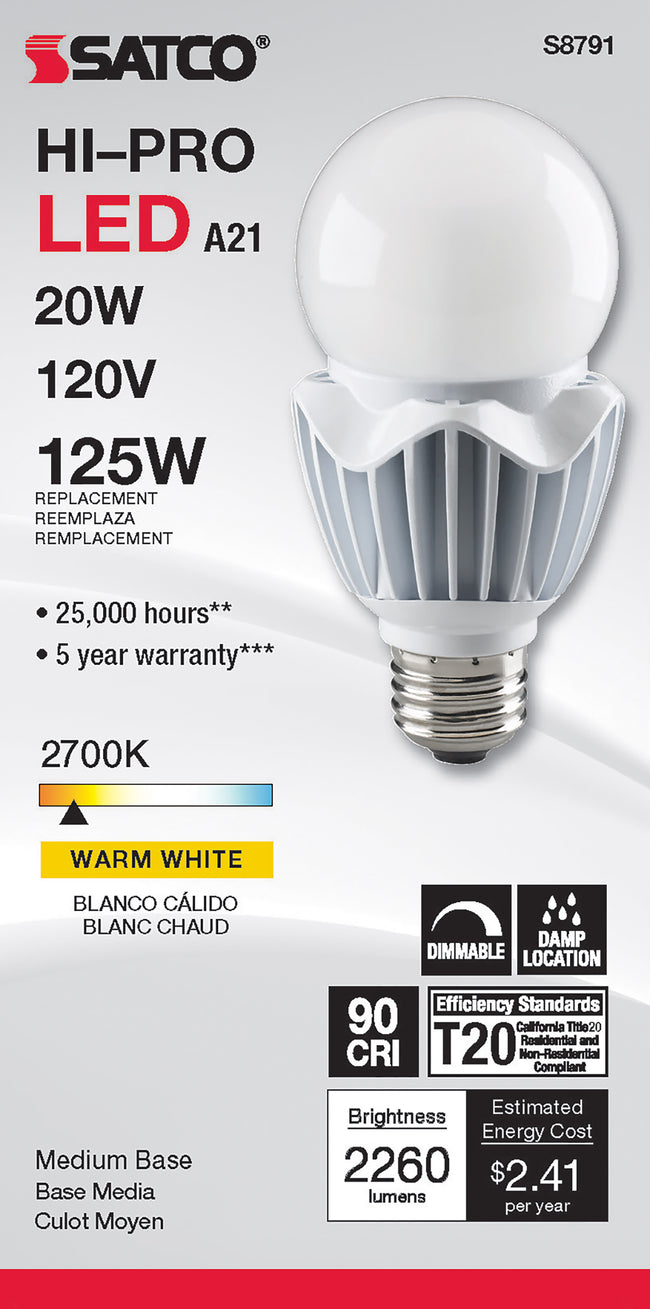 Satco 20W (125W Equivalent) A21 Standard LED Bulb, E26 Medium Base, 2700K, 90+ CRI, IP64, Dimmable, Damp Rated, alternate view [Satco-S8791|CUSTOM|1]