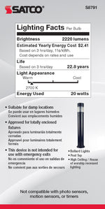 Satco 20W (125W Equivalent) A21 Standard LED Bulb, E26 Medium Base, 2700K, 90+ CRI, IP64, Dimmable, Damp Rated, alternate view [Satco-S8791|CUSTOM|4]