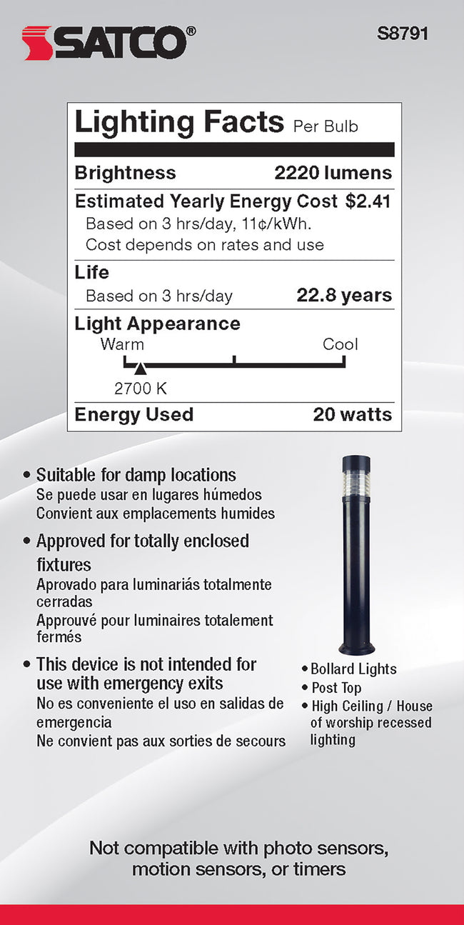 Satco 20W (125W Equivalent) A21 Standard LED Bulb, E26 Medium Base, 2700K, 90+ CRI, IP64, Dimmable, Damp Rated, alternate view [Satco-S8791|CUSTOM|4]