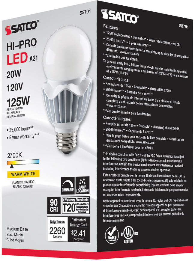 Satco 20W (125W Equivalent) A21 Standard LED Bulb, E26 Medium Base, 2700K, 90+ CRI, IP64, Dimmable, Damp Rated, alternate view [Satco-S8791|CUSTOM|5]