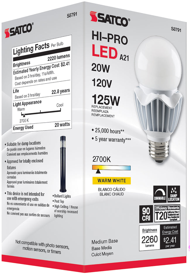 Satco 20W (125W Equivalent) A21 Standard LED Bulb, E26 Medium Base, 2700K, 90+ CRI, IP64, Dimmable, Damp Rated, alternate view [Satco-S8791|CUSTOM|6]