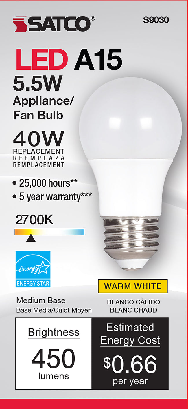 Satco 5.5W (40W Equivalent) A15 Standard LED Bulb, E26 Medium Base, 2700K, 80+ CRI, Dimmable, Damp Rated, Frost, alternate view [Satco-S9030|CUSTOM|1]