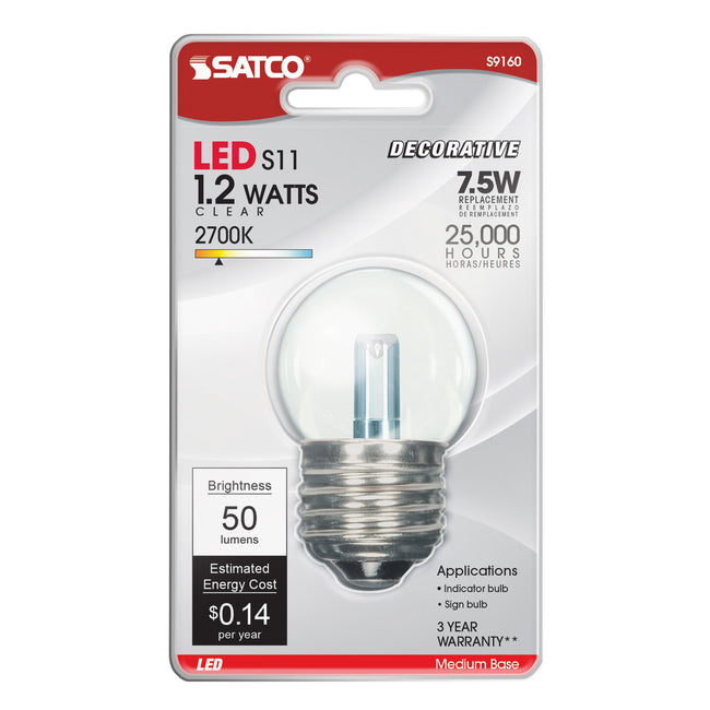 Satco 1.2W (11W Equivalent) S11 Indicator LED Bulb, E26 Medium Base, 2700K, 80+ CRI, Wet Rated, Clear with Clear Glass, alternate view [Satco-S9160|CUSTOM|3]