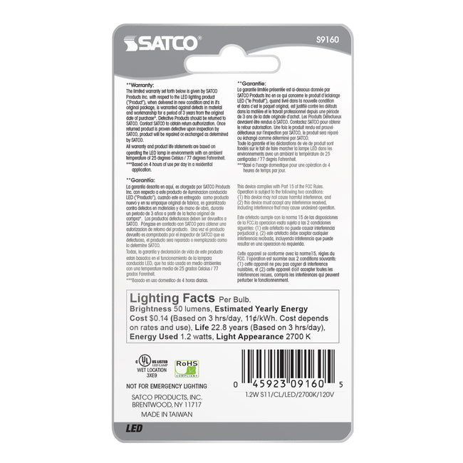 Satco 1.2W (11W Equivalent) S11 Indicator LED Bulb, E26 Medium Base, 2700K, 80+ CRI, Wet Rated, Clear with Clear Glass, alternate view [Satco-S9160|CUSTOM|4]