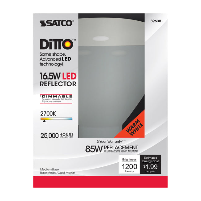 Satco 16.5W (85W Equivalent) BR40 Reflector LED Bulb, E26 Medium Base, 2700K, 80+ CRI, 103° Beam, Dimmable, Damp Rated, Frost with Frost Glass, alternate view [Satco-S9638|CUSTOM|1]