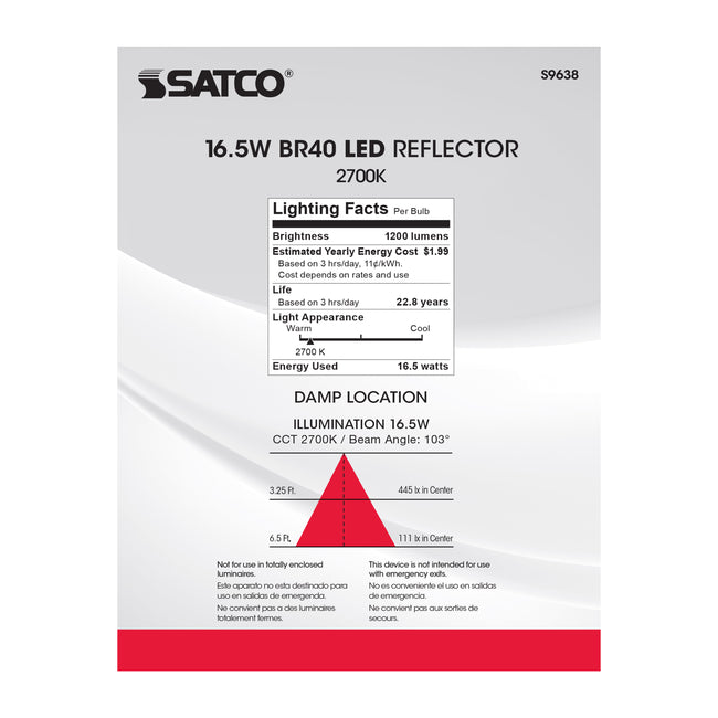 Satco 16.5W (85W Equivalent) BR40 Reflector LED Bulb, E26 Medium Base, 2700K, 80+ CRI, 103° Beam, Dimmable, Damp Rated, Frost with Frost Glass, alternate view [Satco-S9638|CUSTOM|4]