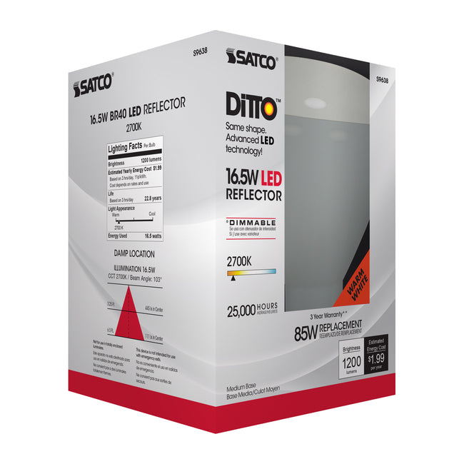 Satco 16.5W (85W Equivalent) BR40 Reflector LED Bulb, E26 Medium Base, 2700K, 80+ CRI, 103° Beam, Dimmable, Damp Rated, Frost with Frost Glass, alternate view [Satco-S9638|CUSTOM|6]