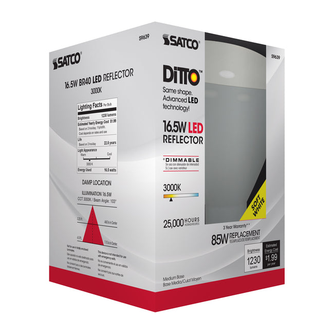 Satco 16.5W (85W Equivalent) BR40 Reflector LED Bulb, E26 Medium Base, 3000K, 80+ CRI, 103° Beam, Dimmable, Damp Rated, Frost with Frost Glass, alternate view [Satco-S9639|CUSTOM|6]