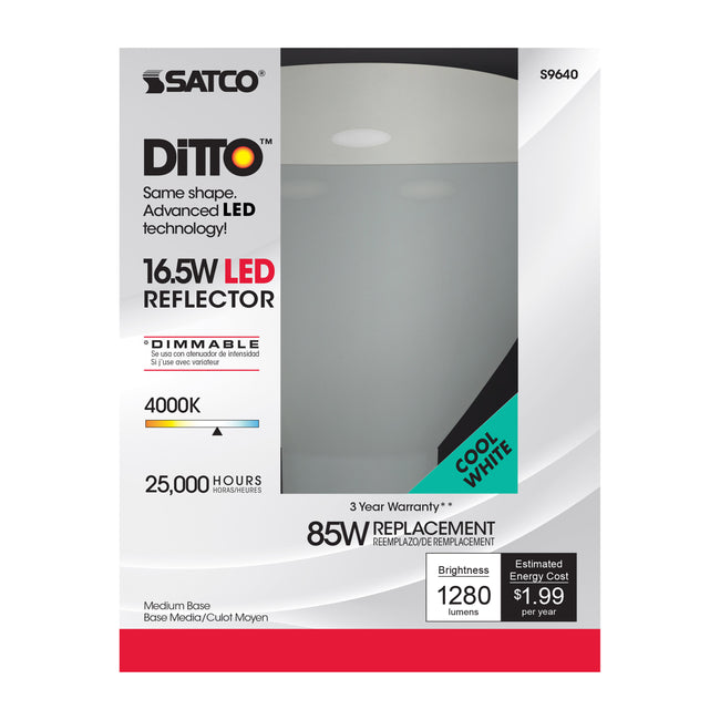 Satco 16.5W (85W Equivalent) BR40 Reflector LED Bulb, E26 Medium Base, 4000K, 80+ CRI, 103° Beam, Dimmable, Damp Rated, Frost with Frost Glass, alternate view [Satco-S9640|CUSTOM|1]