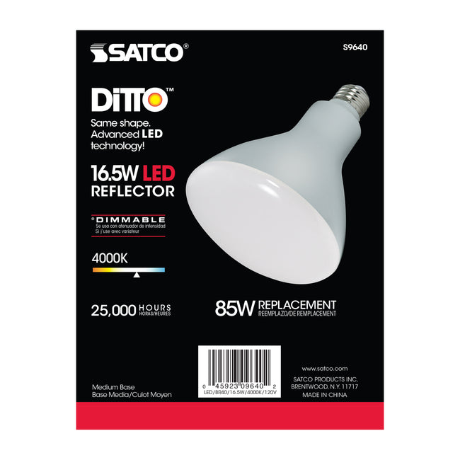 Satco 16.5W (85W Equivalent) BR40 Reflector LED Bulb, E26 Medium Base, 4000K, 80+ CRI, 103° Beam, Dimmable, Damp Rated, Frost with Frost Glass, alternate view [Satco-S9640|CUSTOM|2]
