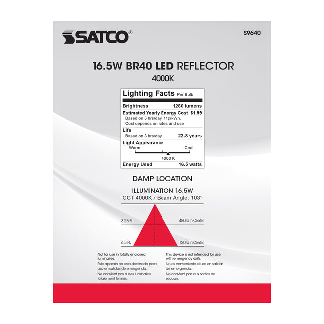Satco 16.5W (85W Equivalent) BR40 Reflector LED Bulb, E26 Medium Base, 4000K, 80+ CRI, 103° Beam, Dimmable, Damp Rated, Frost with Frost Glass, alternate view [Satco-S9640|CUSTOM|4]