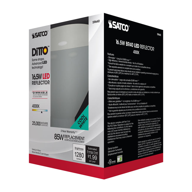 Satco 16.5W (85W Equivalent) BR40 Reflector LED Bulb, E26 Medium Base, 4000K, 80+ CRI, 103° Beam, Dimmable, Damp Rated, Frost with Frost Glass, alternate view [Satco-S9640|CUSTOM|5]