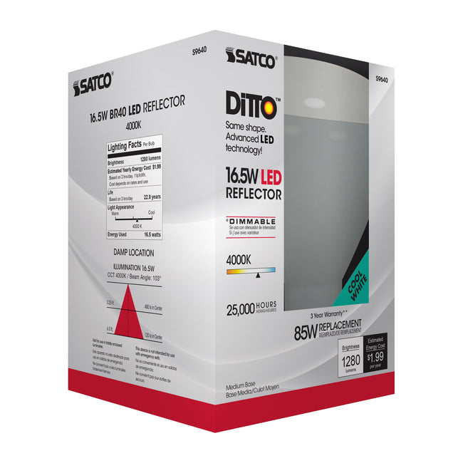 Satco 16.5W (85W Equivalent) BR40 Reflector LED Bulb, E26 Medium Base, 4000K, 80+ CRI, 103° Beam, Dimmable, Damp Rated, Frost with Frost Glass, alternate view [Satco-S9640|CUSTOM|6]