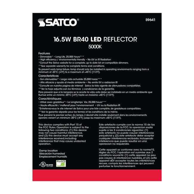 Satco 16.5W (85W Equivalent) BR40 Reflector LED Bulb, E26 Medium Base, 5000K, 80+ CRI, 103° Beam, Dimmable, Damp Rated, Frost with Frost Glass, alternate view [Satco-S9641|CUSTOM|3]