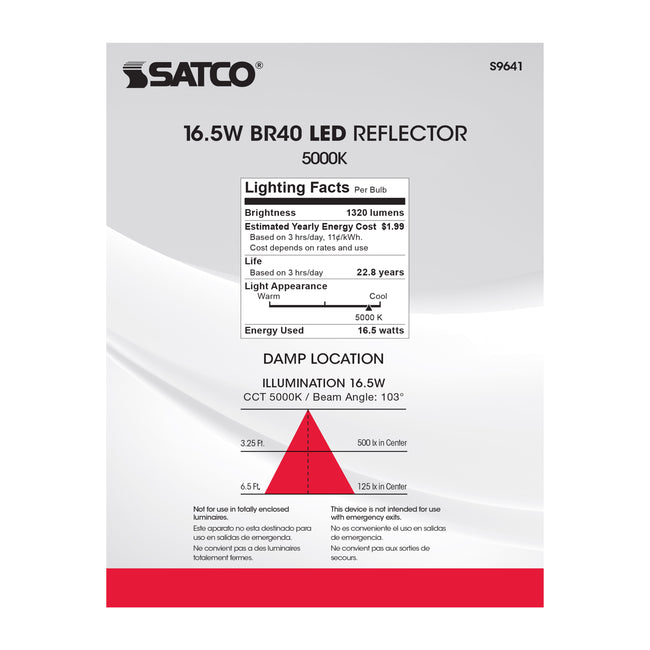 Satco 16.5W (85W Equivalent) BR40 Reflector LED Bulb, E26 Medium Base, 5000K, 80+ CRI, 103° Beam, Dimmable, Damp Rated, Frost with Frost Glass, alternate view [Satco-S9641|CUSTOM|4]
