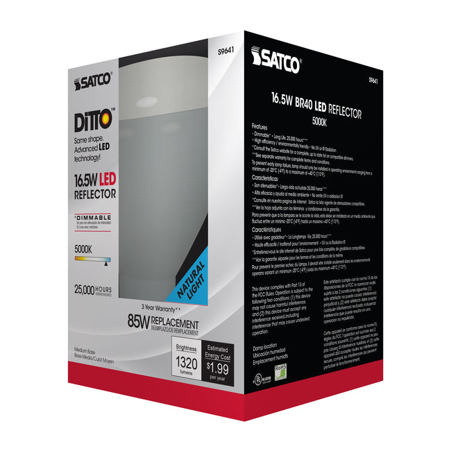 Satco 16.5W (85W Equivalent) BR40 Reflector LED Bulb, E26 Medium Base, 5000K, 80+ CRI, 103° Beam, Dimmable, Damp Rated, Frost with Frost Glass, alternate view [Satco-S9641|CUSTOM|5]