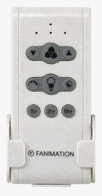 Fanimation TR800 handheld ceiling fan remote control in white, shown in its wall cradle, with fan speed, light on/off, dimming, color temperature select and 1, 3 and 6-hour sleep timer buttons [Fanimation-TR800|CUSTOM|1]