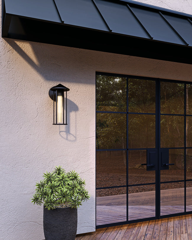 Tenko Outdoor Wall Light - room setting, Black/Glossy Opal Glass [Alora-EW526312BKGO|CUSTOM|2]