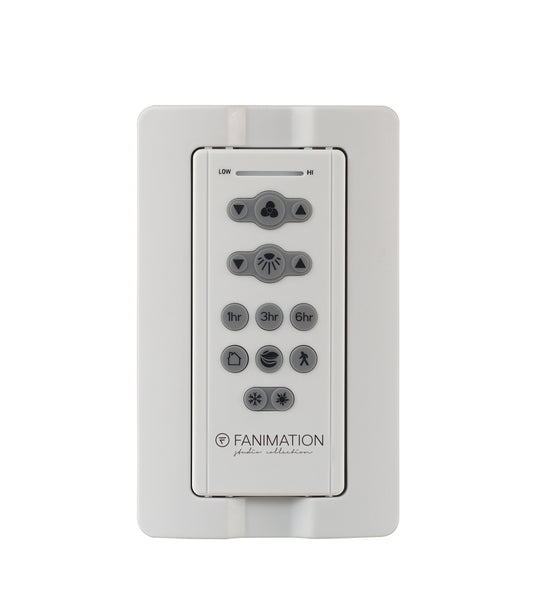 Fanimation TR205S handheld remote control in wall cradle, front view [Fanimation-TR205S|CUSTOM|1]