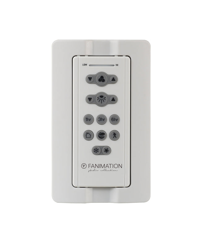 Fanimation TR205S handheld remote control in wall cradle, front view [Fanimation-TR205S|CUSTOM|1]