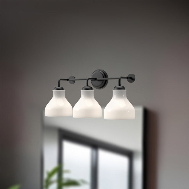 Westlake Wall and Vanity Light - room setting, Glossy Opal Glass/Matte Black [Alora-VL540322MBGO|CUSTOM|1]