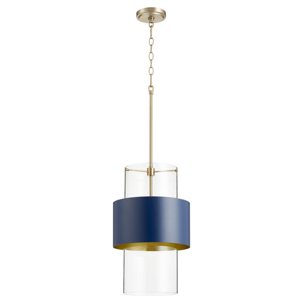 Quorum - 8013-3280 - One Light Pendant - Glass Cylinder Drum Pendants - Aged Brass w/ Blue from Lighting & Bulbs Unlimited in Charlotte, NC