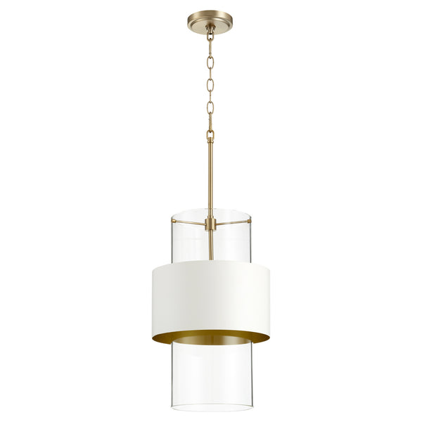 Quorum - 8013-0880 - One Light Pendant - Glass Cylinder Drum Pendants - Aged Brass w/ Studio White from Lighting & Bulbs Unlimited in Charlotte, NC