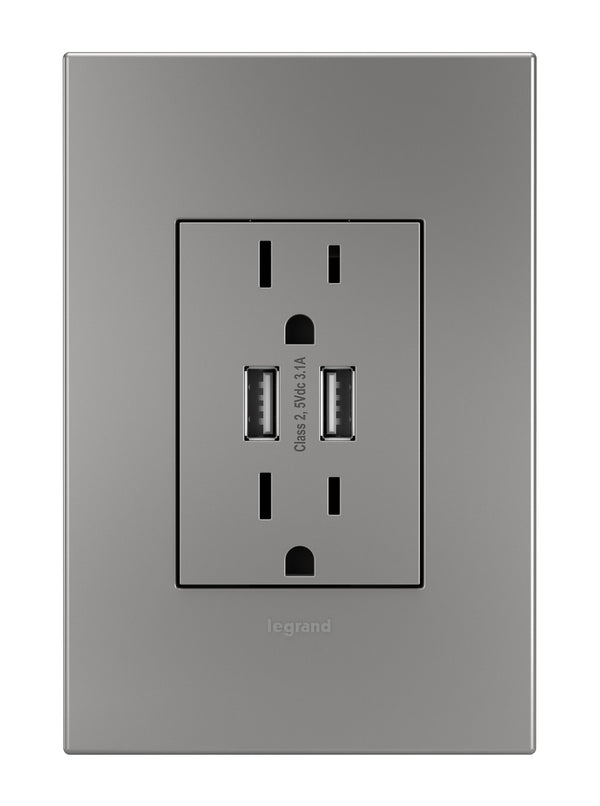 Legrand - ARTRUSB153M4WP - Dual Usb Plus-Size Outlet Combo With Matching Wall Plate - Adorne - Magnesium from Lighting & Bulbs Unlimited in Charlotte, NC