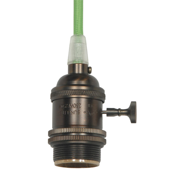Medium base lampholder, 4pc. Solid brass, prewired, On/Off, Uno ring, 10ft. 18/2 SVT Light Green Cord, Dark antique brass finish Lampholder by Satco