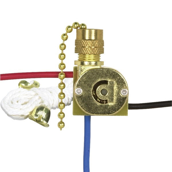 3-Way Canopy Switch, 2 Circuit, 4 Position With Metal Chain, White Cord And Bell, 6A-125V, 3A-250V Rating, Nickel Finish Canopy Switch by Satco