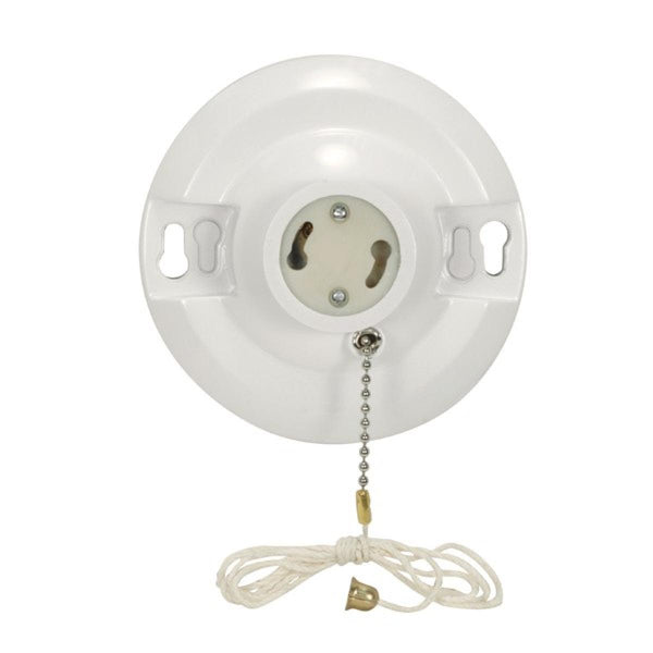 4 Terminal White Phenolic GU24 On-Off Pull Chain Ceiling Receptacle, Screw Terminals, 4-1/2