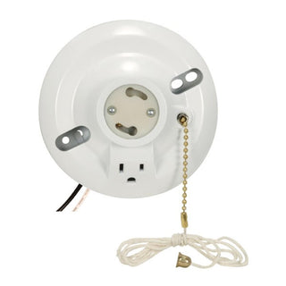 White Phenolic GU24 On-Off Pull Chain Ceiling Receptacle With Grounded Outlet, 6