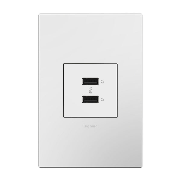 Legrand - ARUSB2AA6W4 - Usb Outlet, 2 Module, A/A Usb Outlet - Adorne - WHITE from Lighting & Bulbs Unlimited in Charlotte, NC