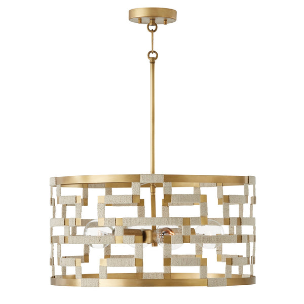 Four Light Pendant from the Hala Collection in Bleached Natural Jute and Patinaed Brass Finish by Capital Lighting