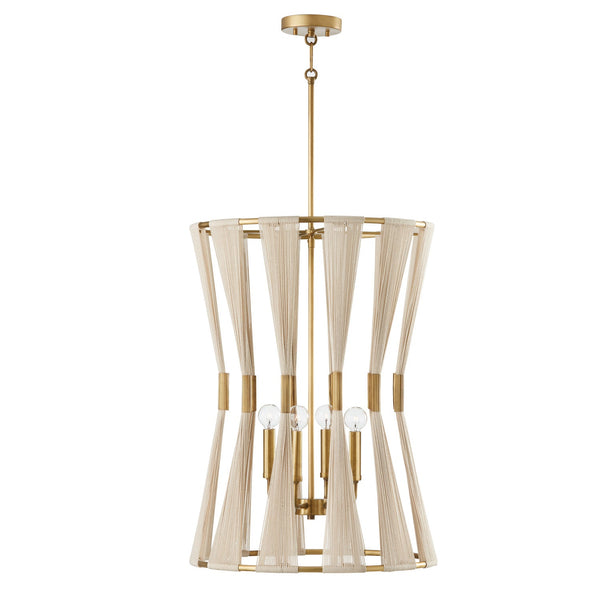 Four Light Foyer Pendant from the Bianca Collection in Bleached Natural Rope and Patinaed Brass Finish by Capital Lighting